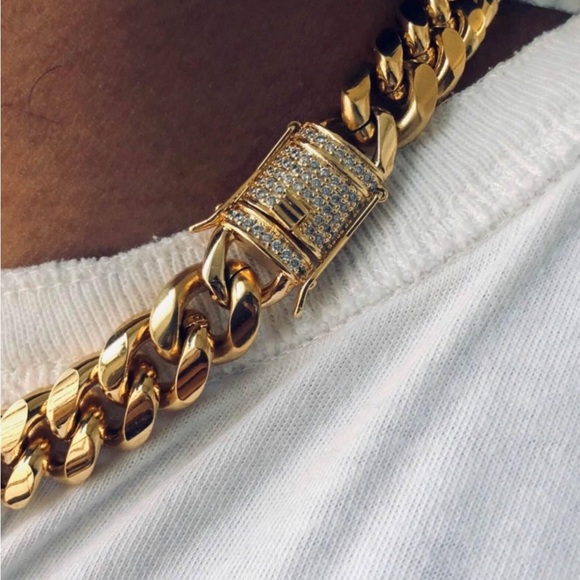 🔥Cz Diamond Miami Cubian Chain Stamp 14k Gold Plated 5X Layered steel 10mm 18” - Picture 7 of 10